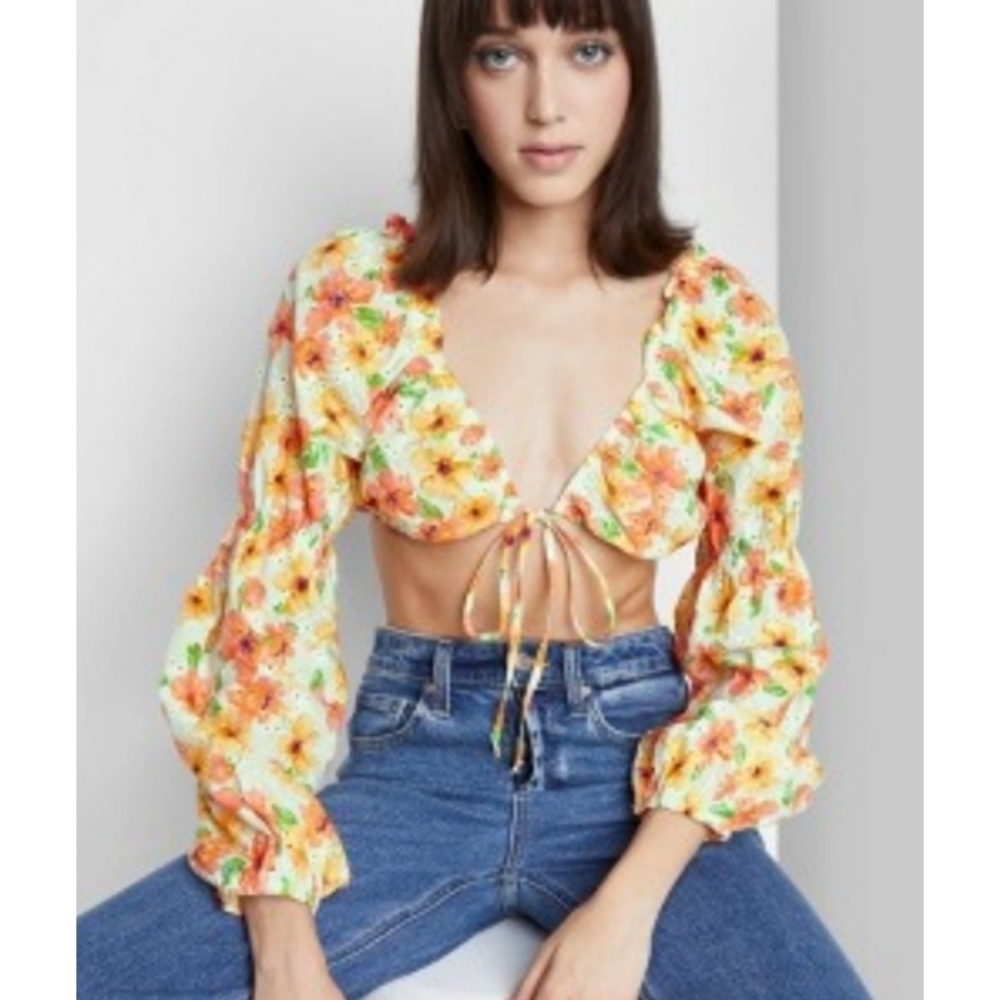 Wild Fable Tie Front Floral Crop top Yellow Size XL